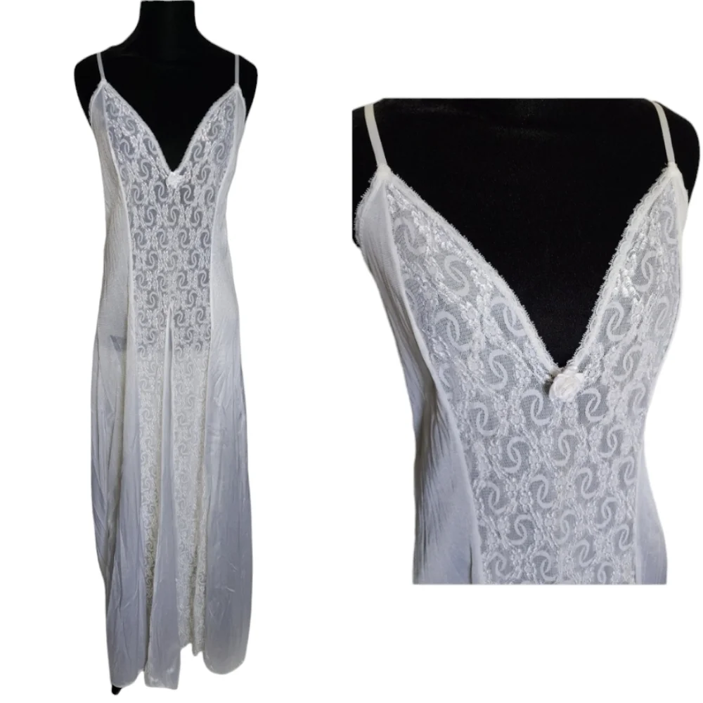 Vintage-Inspired White Lace Inset Maxi Nightgown – Romantic & Bridal